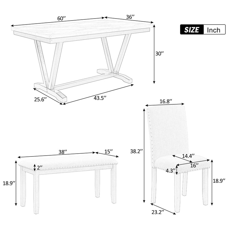 TREXM Modern Style 6-piece Dining Table with 4 Chairs & 1 Bench, Table with Marbled Veneers Tabletop and V-shaped Table Legs (White) - Supfirm