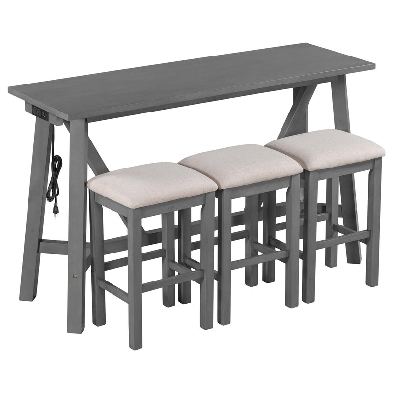 TREXM Multipurpose Home Kitchen Dining Bar Table Set with 3 Upholstered Stools(Gray) - Supfirm