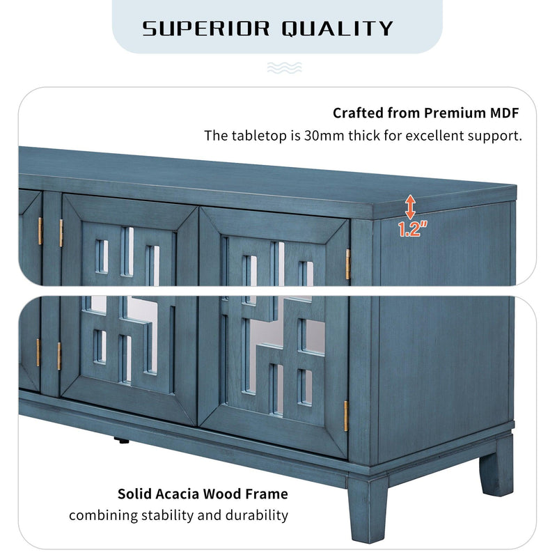 TREXM Retro 4-Door Mirrored Buffet Sideboard with Metal Pulls for Dining Room, Living Room and Hallway (Navy) - Supfirm