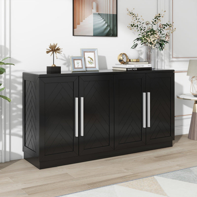 TREXM Sideboard with 4 Doors Large Storage Space Buffet Cabinet with Adjustable Shelves and Silver Handles for Kitchen, Dining Room, Living Room (Black) - Supfirm