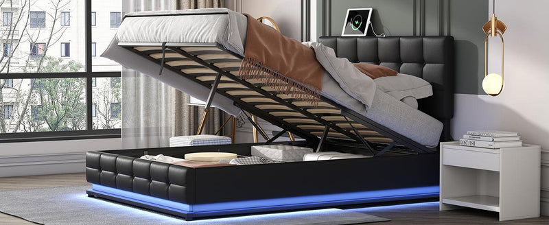 Tufted Upholstered Platform Bed with Hydraulic Storage System,Queen Size PU Storage Bed with LED Lights and USB charger, Black - Supfirm