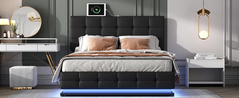 Tufted Upholstered Platform Bed with Hydraulic Storage System,Queen Size PU Storage Bed with LED Lights and USB charger, Black - Supfirm