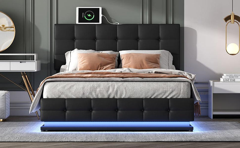 Tufted Upholstered Platform Bed with Hydraulic Storage System,Queen Size PU Storage Bed with LED Lights and USB charger, Black - Supfirm