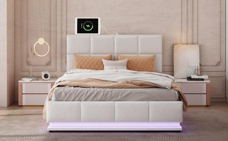 Tufted Upholstered Platform Bed with Hydraulic Storage System,Queen Size PU Storage Bed with LED Lights and USB charger, White - Supfirm