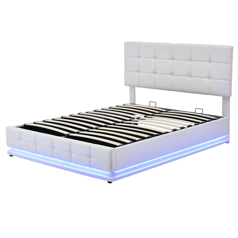 Tufted Upholstered Platform Bed with Hydraulic Storage System,Queen Size PU Storage Bed with LED Lights and USB charger, White - Supfirm