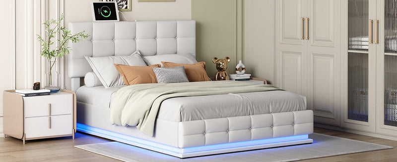 Tufted Upholstered Platform Bed with Hydraulic Storage System,Queen Size PU Storage Bed with LED Lights and USB charger, White - Supfirm