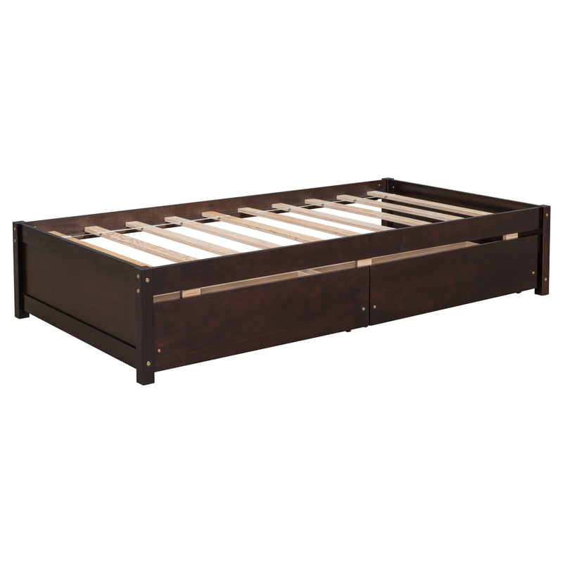 Twin Bed with 2 Drawers, Solid Wood, No Box Spring Needed ,Espresso - Supfirm