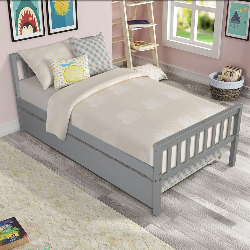 Twin Bed with Trundle, Platform Bed Frame with Headboard and Footboard, for Bedroom Small Living Space,No Box Spring Needed,Grey - Supfirm