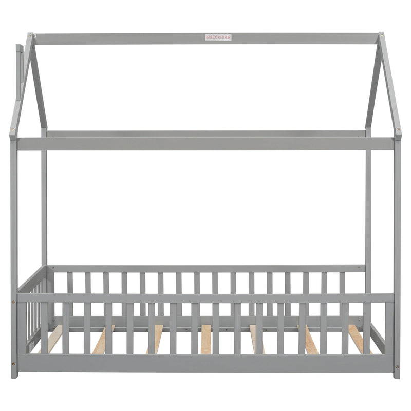 Twin House Bed with Guardrails, Slats ,Grey - Supfirm