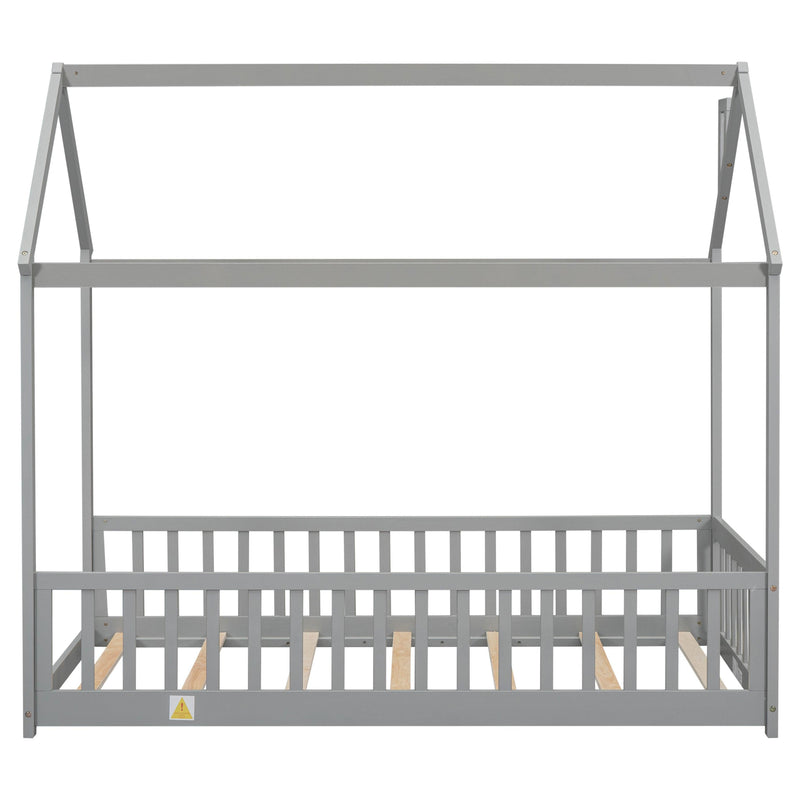 Twin House Bed with Guardrails, Slats ,Grey - Supfirm