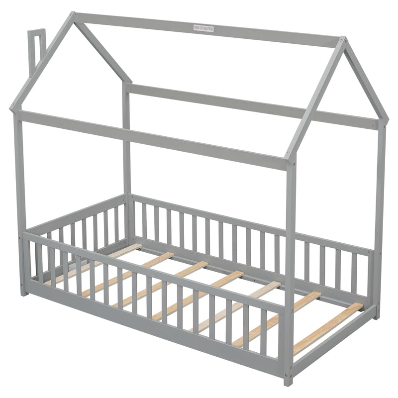 Twin House Bed with Guardrails, Slats ,Grey - Supfirm