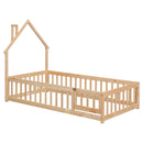 Twin House-Shaped Headboard Floor Bed with Fence
,Natural - Supfirm