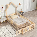 Twin House-Shaped Headboard Floor Bed with Fence
,Natural - Supfirm