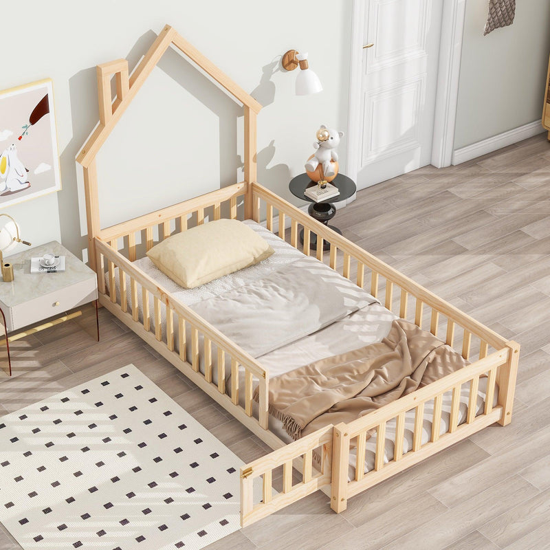 Twin House-Shaped Headboard Floor Bed with Fence
,Natural - Supfirm