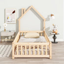 Twin House-Shaped Headboard Floor Bed with Fence
,Natural - Supfirm