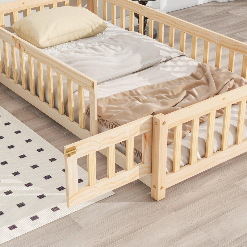 Twin House-Shaped Headboard Floor Bed with Fence
,Natural - Supfirm