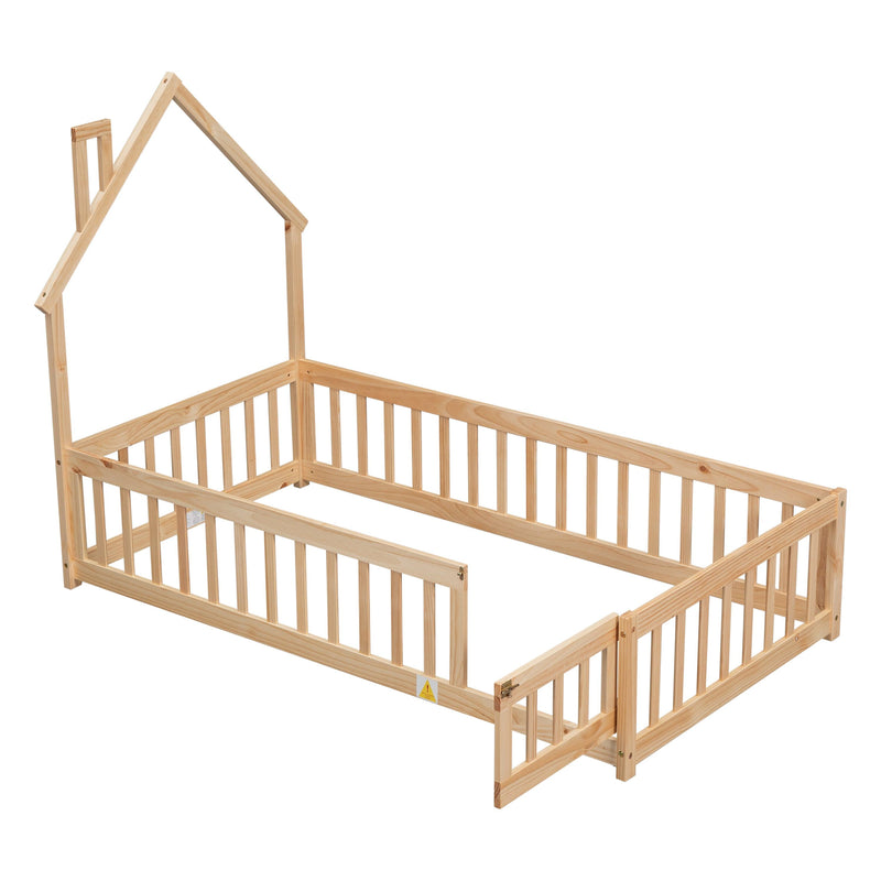 Twin House-Shaped Headboard Floor Bed with Fence
,Natural - Supfirm