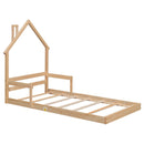 Twin House-Shaped Headboard Floor Bed with Handrails ,slats ,Natural - Supfirm