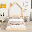 Twin House-Shaped Headboard Floor Bed with Handrails ,slats ,Natural - Supfirm