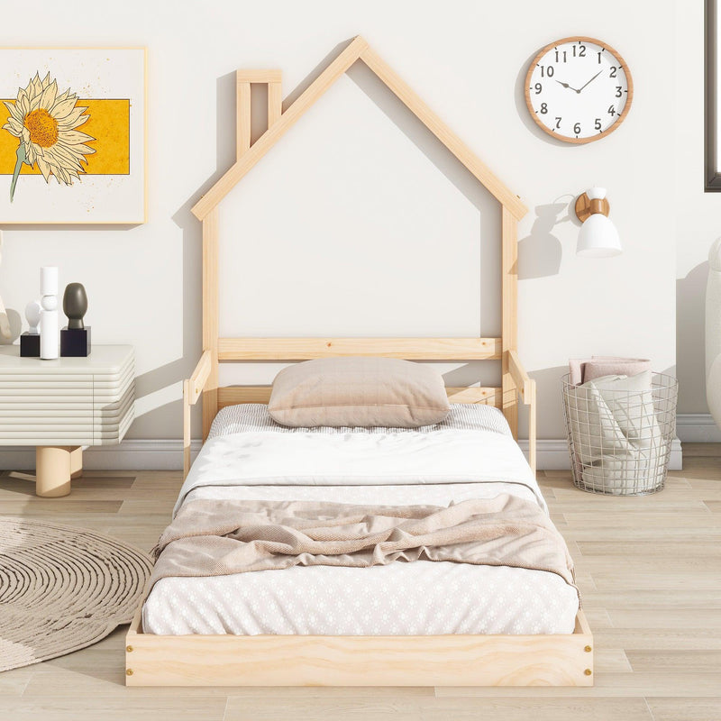 Twin House-Shaped Headboard Floor Bed with Handrails ,slats ,Natural - Supfirm