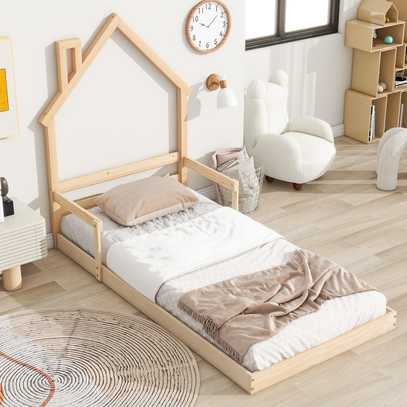 Twin House-Shaped Headboard Floor Bed with Handrails ,slats ,Natural - Supfirm