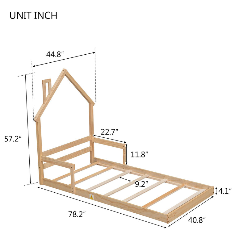 Twin House-Shaped Headboard Floor Bed with Handrails ,slats ,Natural - Supfirm