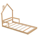 Twin House-Shaped Headboard Floor Bed with Handrails ,slats ,Natural - Supfirm