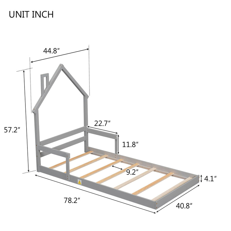 Twin House-Shaped Headboard Floor Bed with Handrails ,slats,Grey - Supfirm