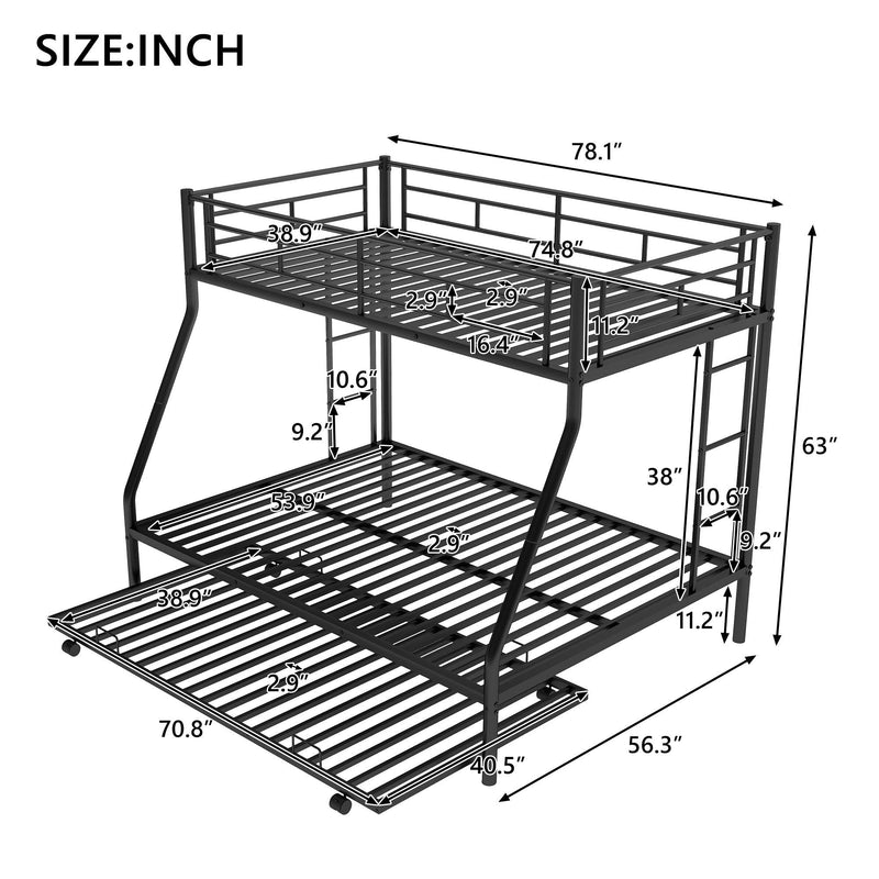 Twin over Full Bed with Sturdy Steel Frame, Bunk Bed with Twin Size Trundle, Two-Side Ladders, Black(OLD SKU:MF194424AAB) - Supfirm