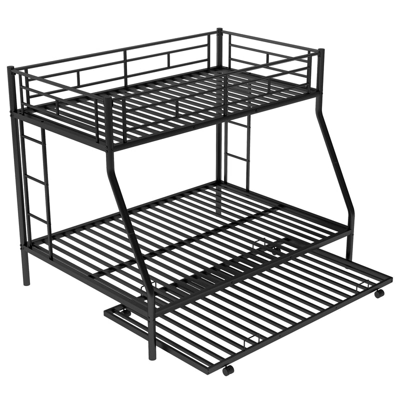 Twin over Full Bed with Sturdy Steel Frame, Bunk Bed with Twin Size Trundle, Two-Side Ladders, Black(OLD SKU:MF194424AAB) - Supfirm