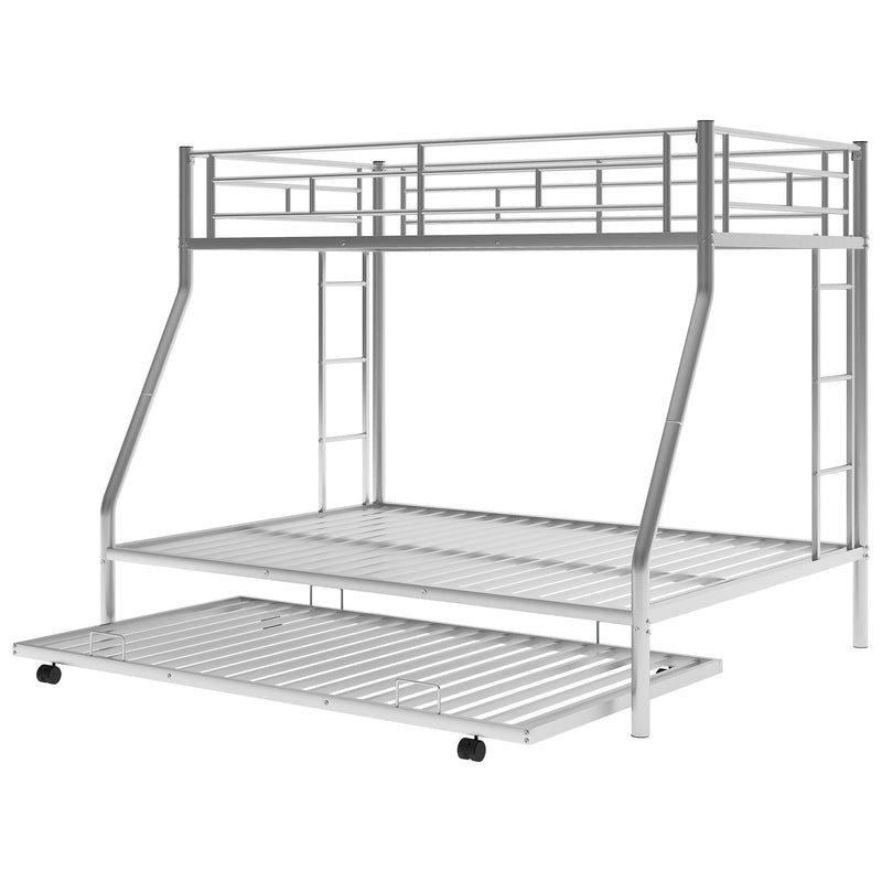 Twin over Full Bed with Sturdy Steel Frame, Bunk Bed with Twin Size Trundle, Two-Side Ladders, Silver(OLD SKU:MF194424AAN) - Supfirm