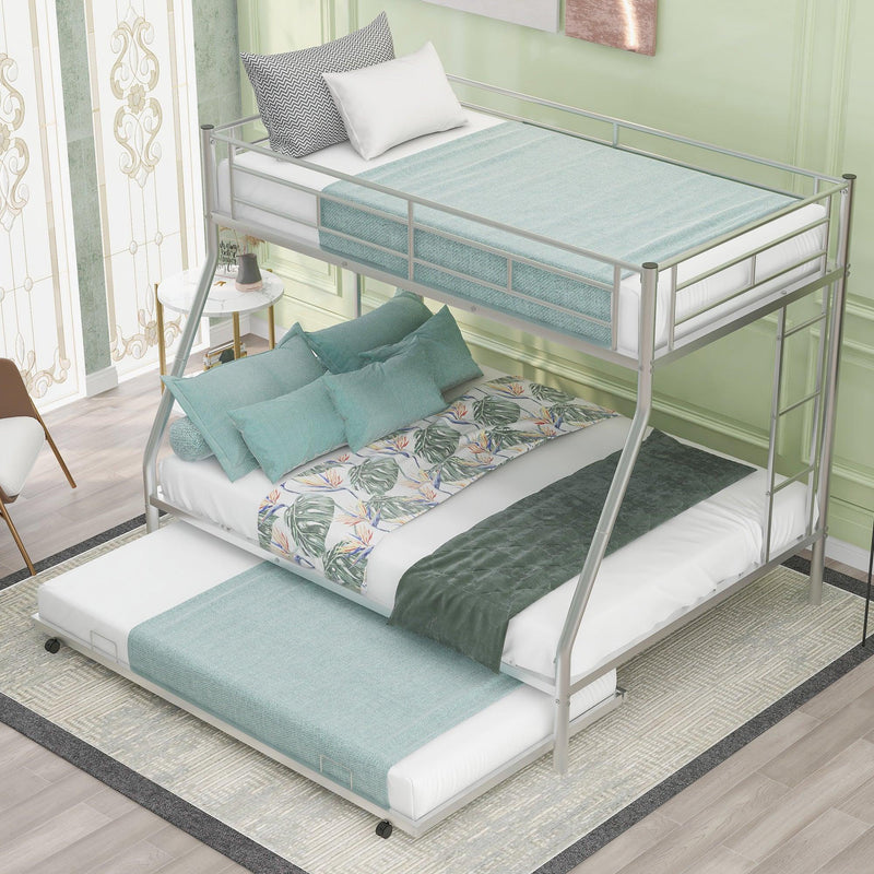 Twin over Full Bed with Sturdy Steel Frame, Bunk Bed with Twin Size Trundle, Two-Side Ladders, Silver(OLD SKU:MF194424AAN) - Supfirm