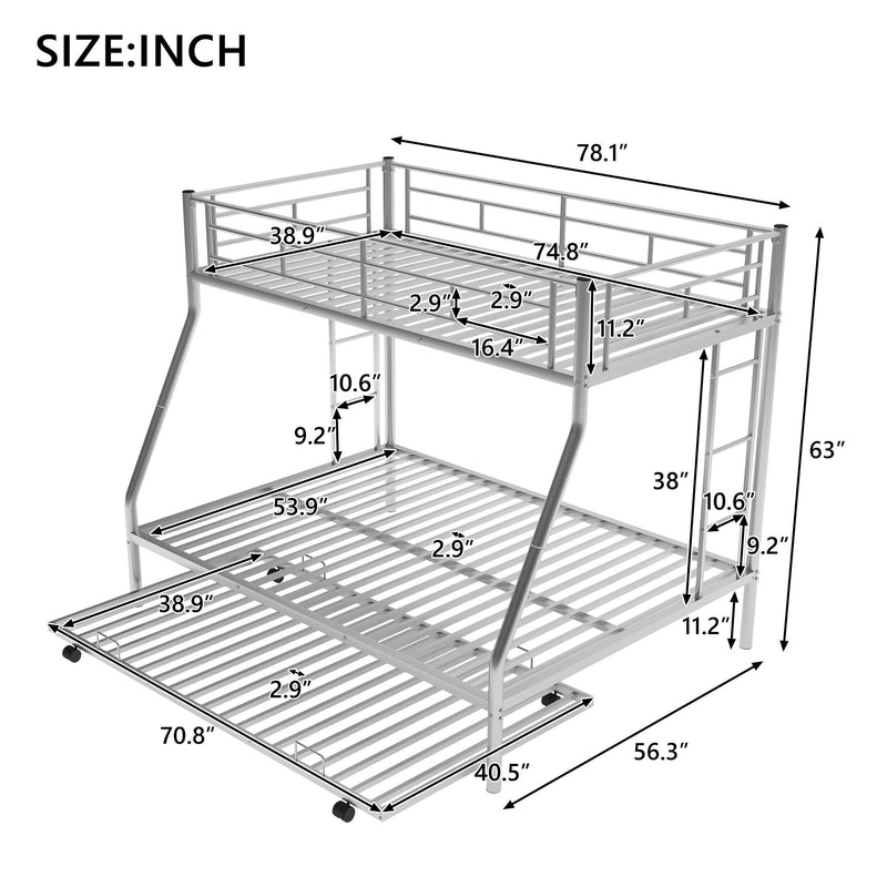 Twin over Full Bed with Sturdy Steel Frame, Bunk Bed with Twin Size Trundle, Two-Side Ladders, Silver(OLD SKU:MF194424AAN) - Supfirm