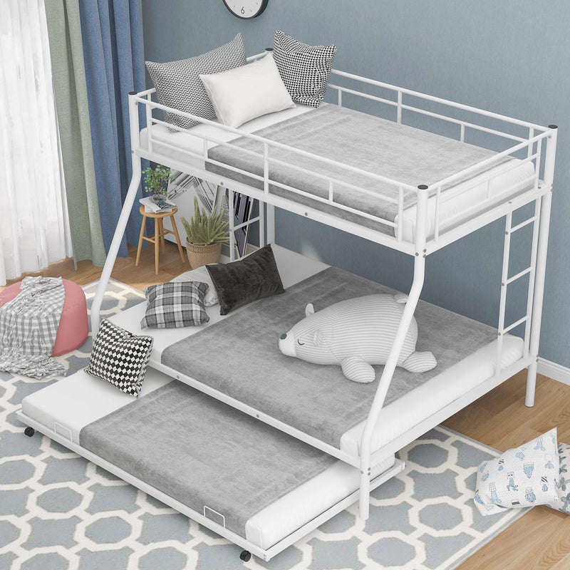 Twin over Full Bed with Sturdy Steel Frame, Bunk Bed with Twin Size Trundle, Two-Side Ladders, White(OLD SKU:MF194424AAK) - Supfirm