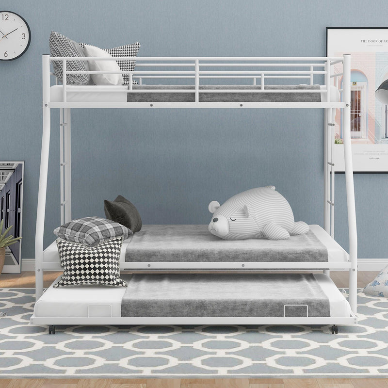 Twin over Full Bed with Sturdy Steel Frame, Bunk Bed with Twin Size Trundle, Two-Side Ladders, White(OLD SKU:MF194424AAK) - Supfirm