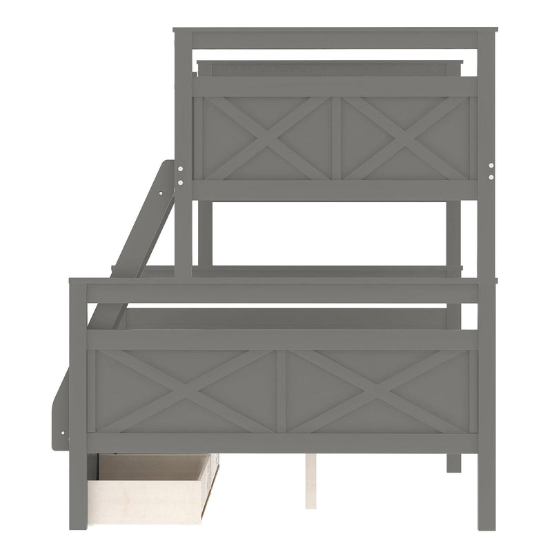 Twin over Full Bunk Bed with Ladder, Two Storage Drawers, Safety Guardrail, Gray - Supfirm