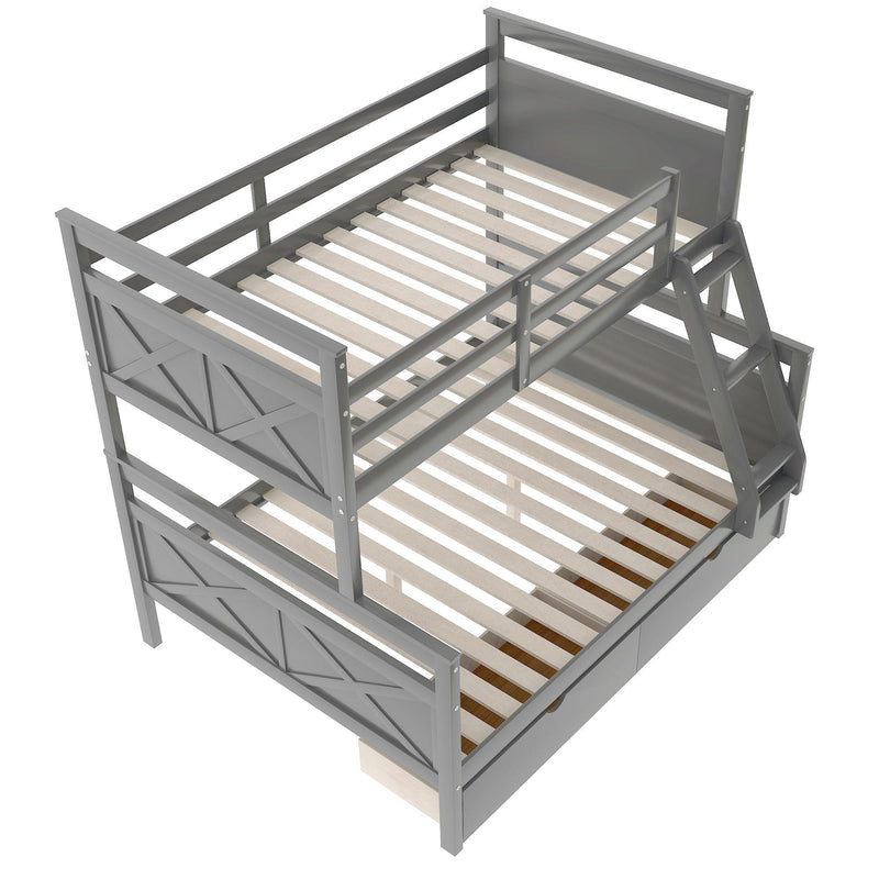 Twin over Full Bunk Bed with Ladder, Two Storage Drawers, Safety Guardrail, Gray - Supfirm