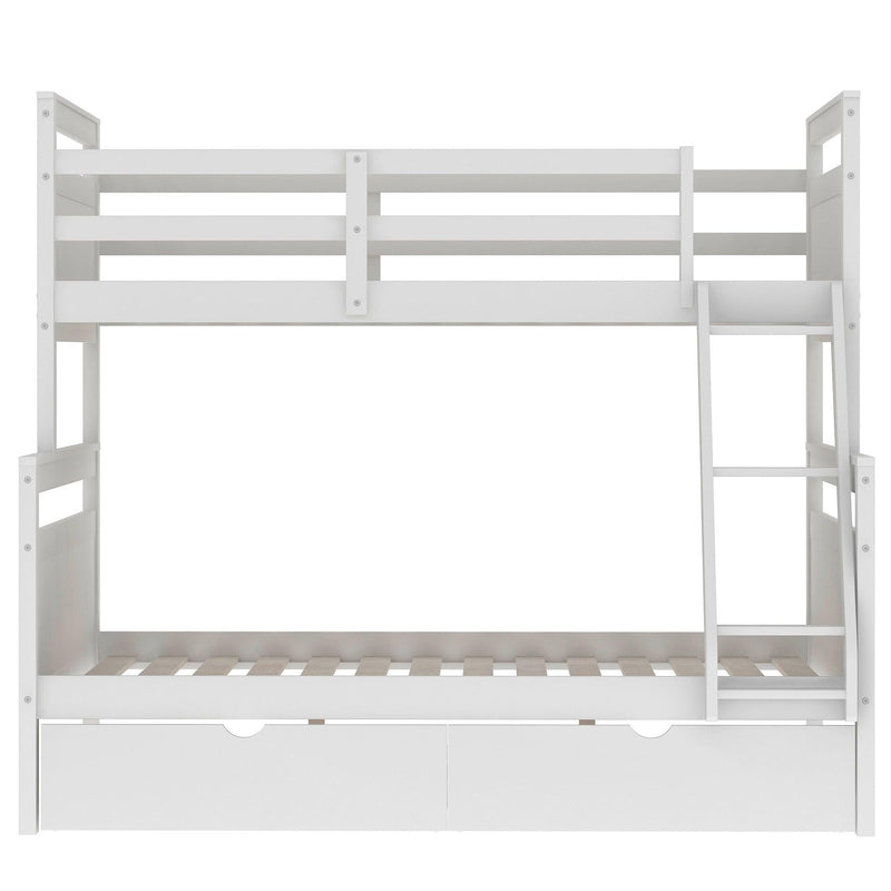 Twin over Full Bunk Bed with Ladder, Two Storage Drawers, Safety Guardrail, White - Supfirm