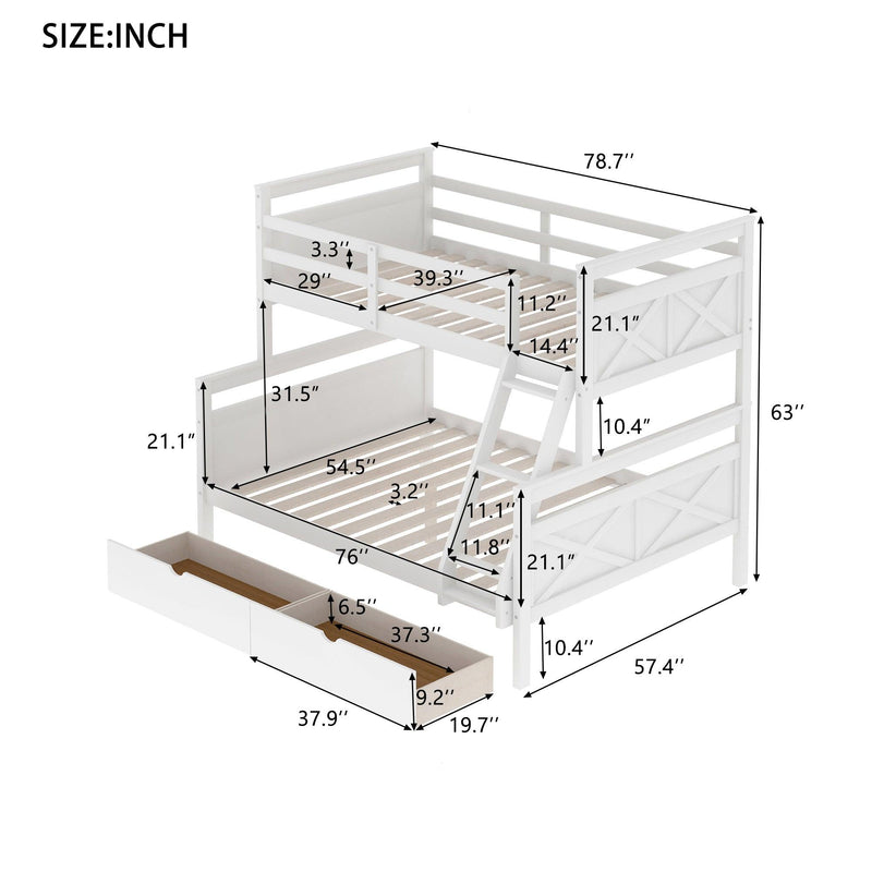 Twin over Full Bunk Bed with Ladder, Two Storage Drawers, Safety Guardrail, White - Supfirm