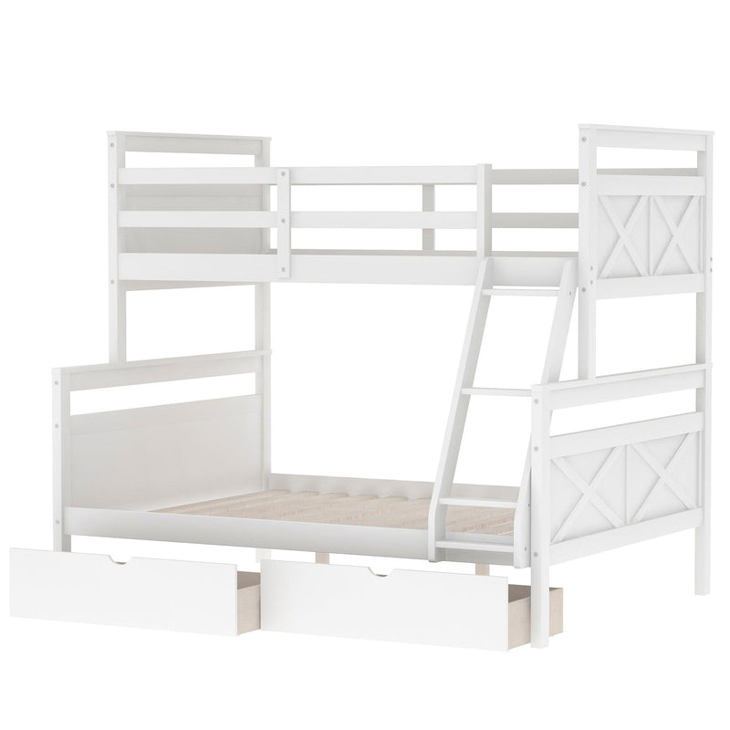 Twin over Full Bunk Bed with Ladder, Two Storage Drawers, Safety Guardrail, White - Supfirm