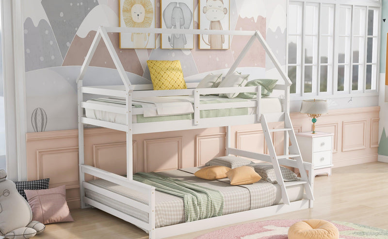 Twin over Full House Bunk Bed with Built-in Ladder,White - Supfirm