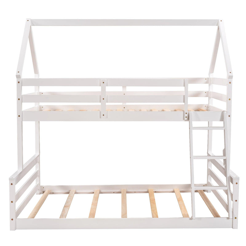 Twin over Full House Bunk Bed with Built-in Ladder,White - Supfirm