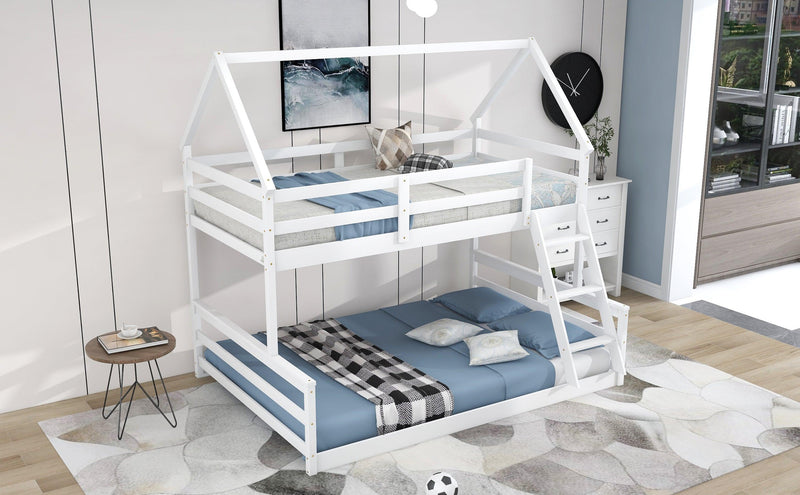 Twin over Full House Bunk Bed with Built-in Ladder,White - Supfirm