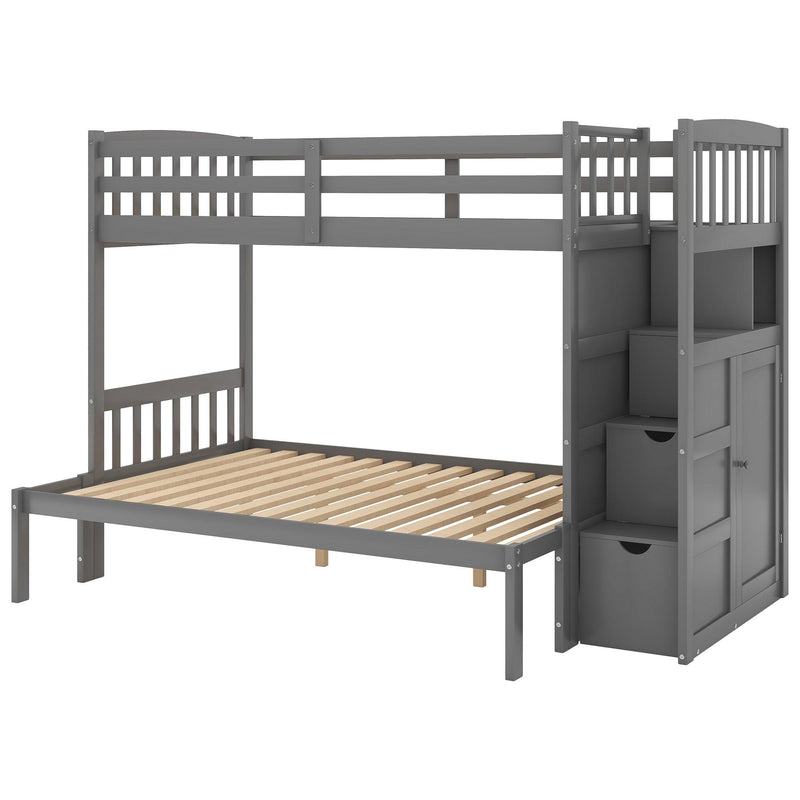 Twin over Full/Twin Bunk Bed, Convertible Bottom Bed, Storage Shelves and Drawers, Gray - Supfirm