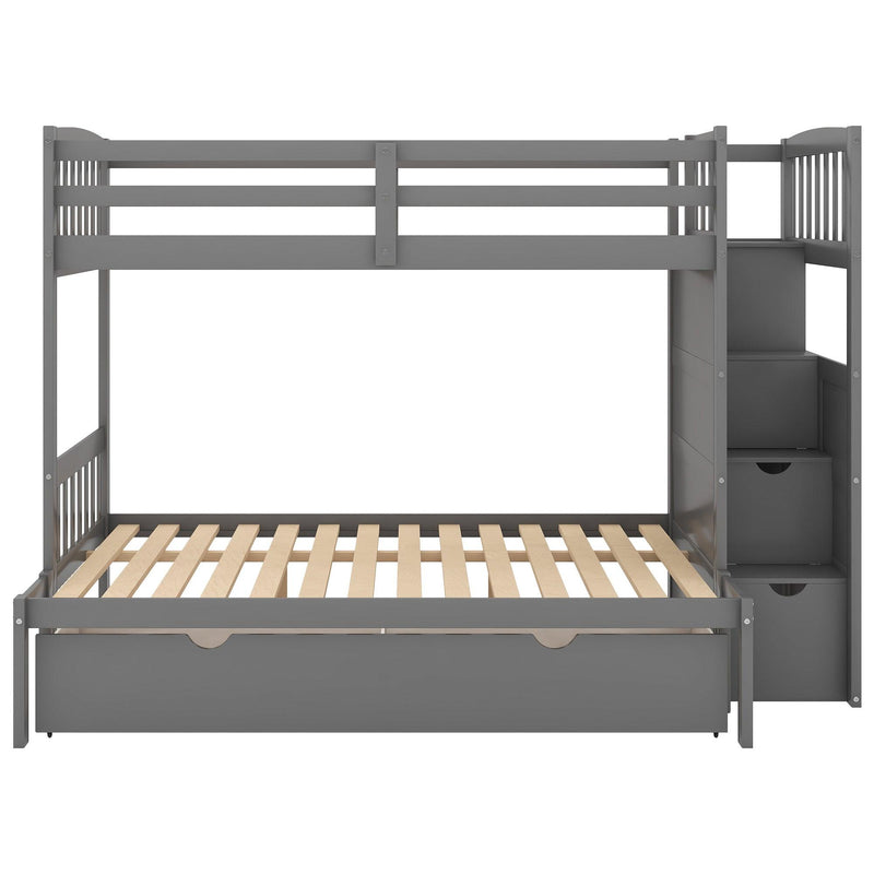 Twin over Full/Twin Bunk Bed, Convertible Bottom Bed, Storage Shelves and Drawers, Gray - Supfirm