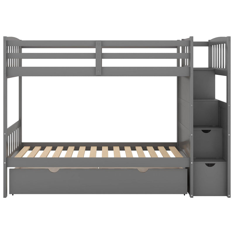 Twin over Full/Twin Bunk Bed, Convertible Bottom Bed, Storage Shelves and Drawers, Gray - Supfirm