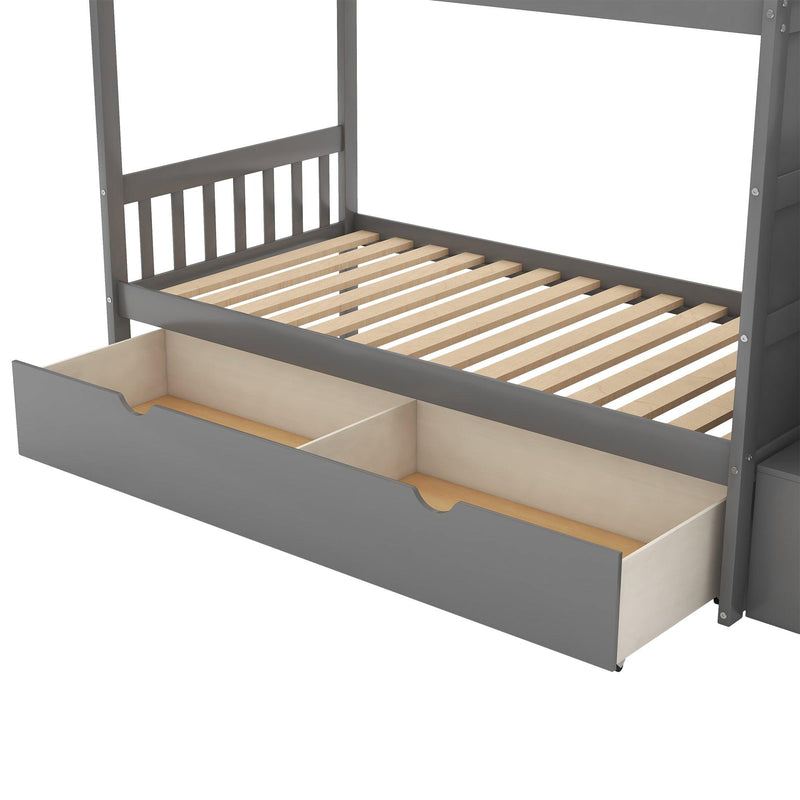 Twin over Full/Twin Bunk Bed, Convertible Bottom Bed, Storage Shelves and Drawers, Gray - Supfirm