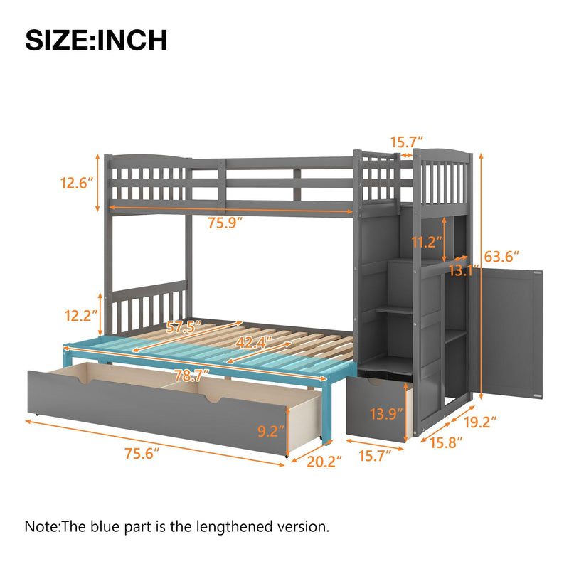 Twin over Full/Twin Bunk Bed, Convertible Bottom Bed, Storage Shelves and Drawers, Gray - Supfirm