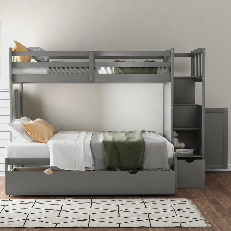 Twin over Full/Twin Bunk Bed, Convertible Bottom Bed, Storage Shelves and Drawers, Gray - Supfirm