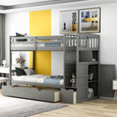 Twin over Full/Twin Bunk Bed, Convertible Bottom Bed, Storage Shelves and Drawers, Gray - Supfirm